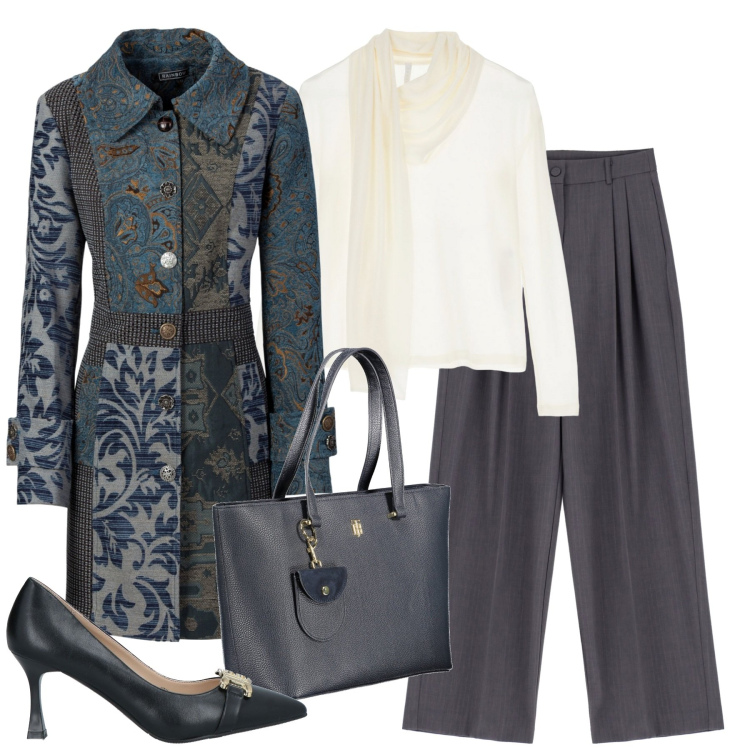 Outfit donna - Ottobre glam. Stile Glamour per Tutti i giorni. Abbinamento con cappotti, décolleté, pantaloni, maglieria, borse a spalla.