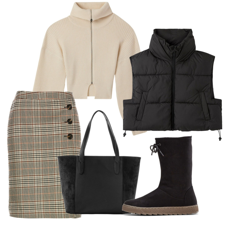 Outfit donna - Prepararsi all\'inverno. Stile Bon Ton per Tutti i giorni. Abbinamento con gonne, stivali, shopping bag, piumini, cardigans.