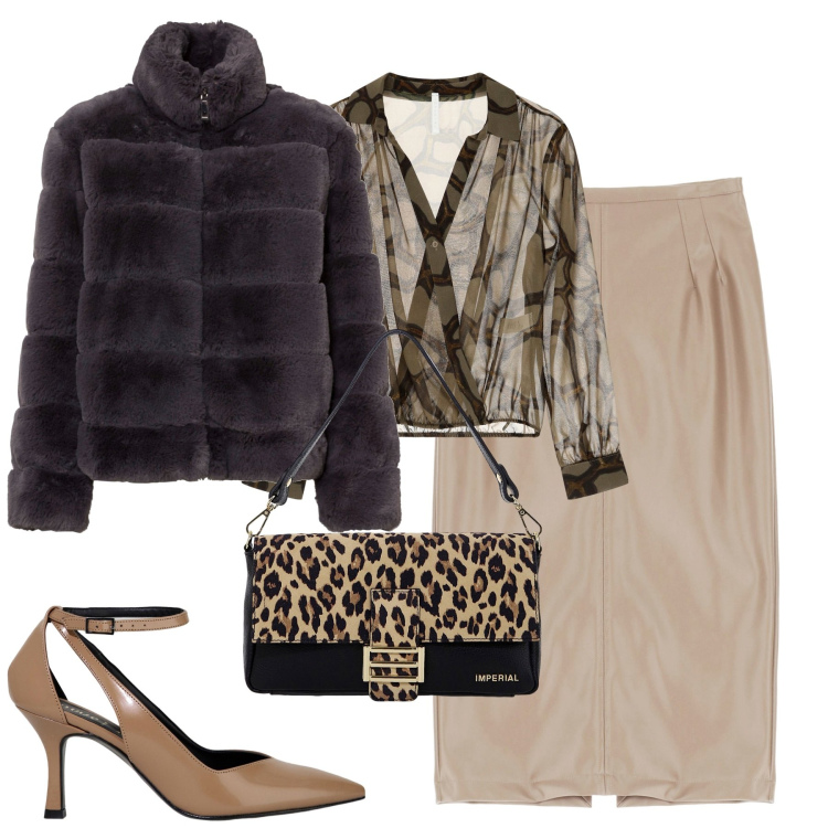 Outfit donna - A cena. Stile Trendy per Serata fuori. Abbinamento con ecopellicce, camicie, borse a spalla, gonne, décolleté.
