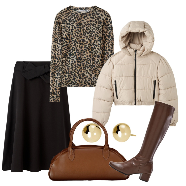 Outfit donna - Fino a sera. Stile Chic per Tutti i giorni. Abbinamento con stivali, gonne lunghe, maglieria, blazer, orecchini, borse a spalla.