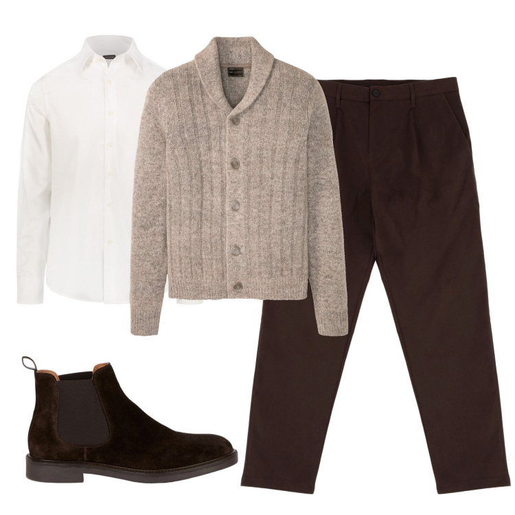 Outfit uomo - Ufficio. Stile Trendy per Ufficio. Abbinamento con cardigans, pantaloni chino, camicie, stivali e stivaletti.