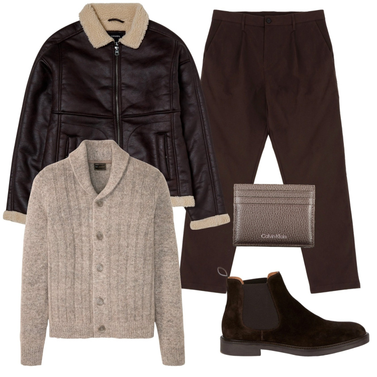 Outfit uomo - Marrone must have. Stile Trendy per Tutti i giorni. Abbinamento con cardigans, giacche, pantaloni chino, portafogli, stivali e stivaletti.