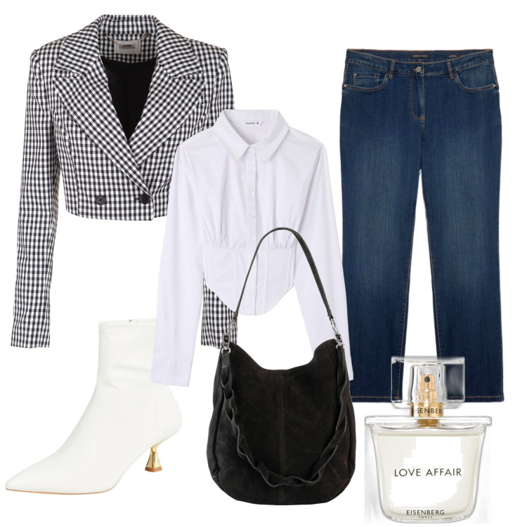 Outfit donna - Xoxo. Stile Casual chic per Tutti i giorni. Abbinamento con borse a mano, profumi, camicie, stivaletti, blazer, jeans dritti.