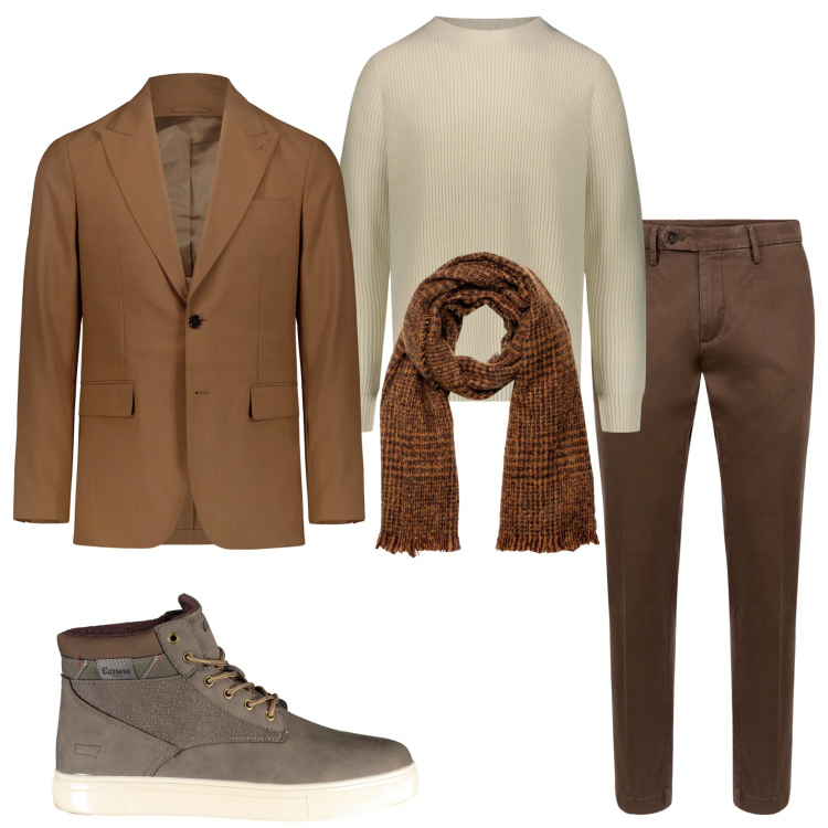 Outfit uomo - In città. Stile Urban per Ufficio. Abbinamento con pantaloni chino, sciarpe, maglieria, abiti, stivali.