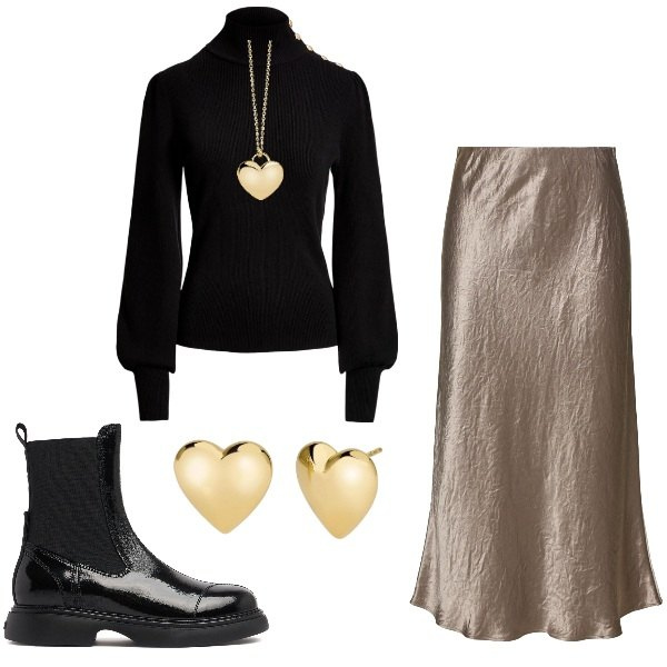 Outfit donna - Total look #1980552. Stile Casual chic per Serata fuori. Abbinamento con orecchini, collane, maglieria, stivaletti chelsea, gonne longuette.