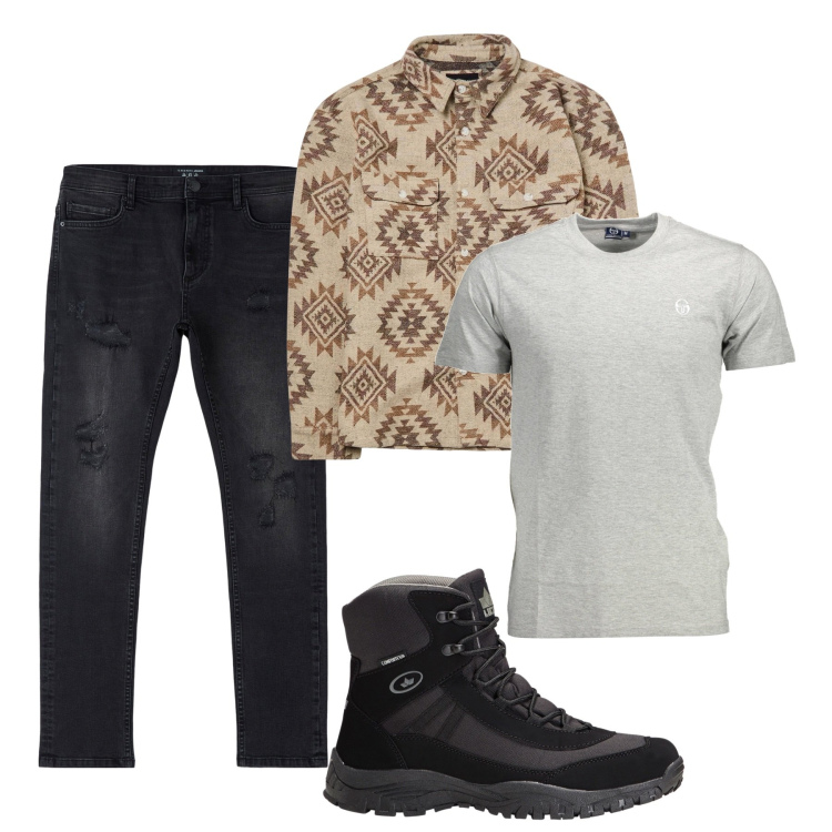 Outfit uomo - City. Stile Urban per Tutti i giorni. Abbinamento con stivali e stivaletti, jeans strappati, cappotti, t-shirt.