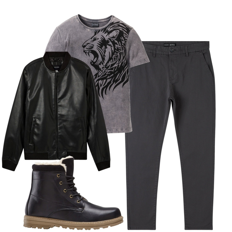 Outfit uomo - Total look #1980555. Stile Biker Rock per Tutti i giorni. Abbinamento con stivali e stivaletti, t-shirt, pantaloni chino, bomber.