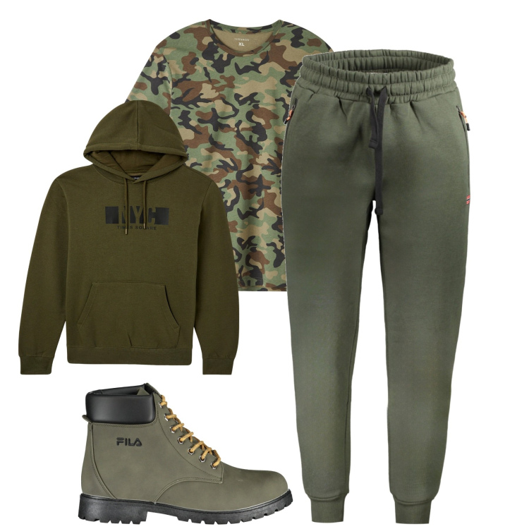 Outfit uomo - Total look #1980557. Stile Casual per Tutti i giorni. Abbinamento con t-shirt, felpe con cappuccio, stivali, pantaloni.