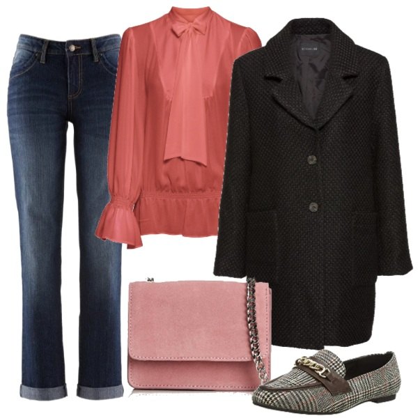 Outfit donna - Blusa con fiocco e cappotto. Stile Urban per Tutti i giorni. Abbinamento con jeans dritti, camicetta con fiocco, cappotto a quadri in bouclè con bottoni nero, mocassini con pattern marrone, body effetto scamosciato.