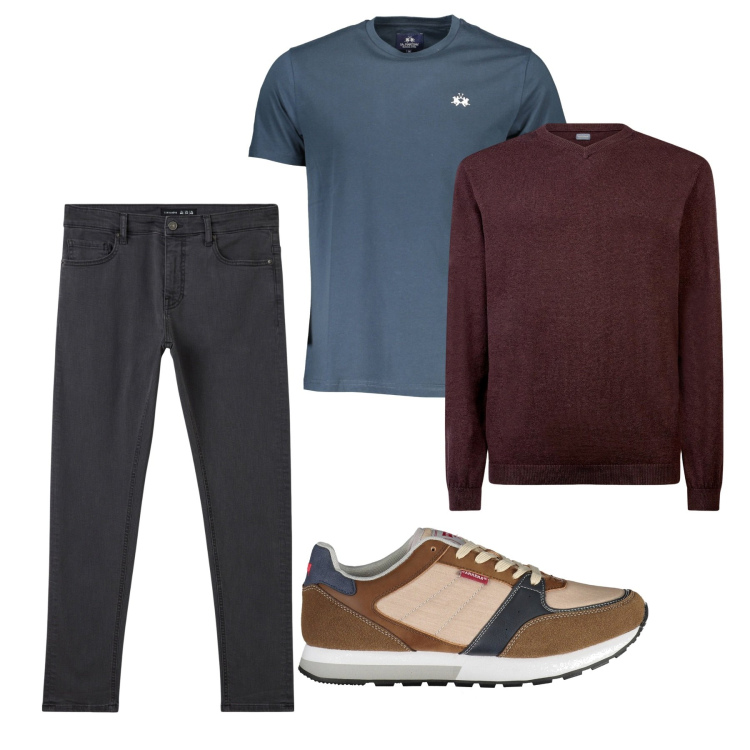 Outfit uomo - City. Stile Casual per Tutti i giorni. Abbinamento con pantaloni skinny, maglieria, sneakers, t-shirt.