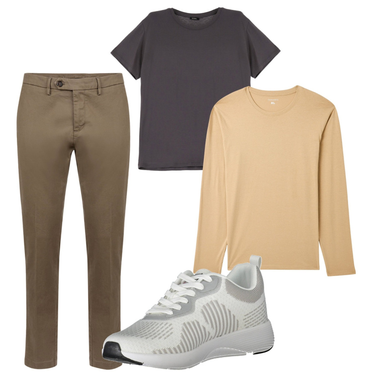 Outfit uomo - City. Stile Casual per Tutti i giorni. Abbinamento con maglieria, t-shirt, pantaloni chino, sneakers.