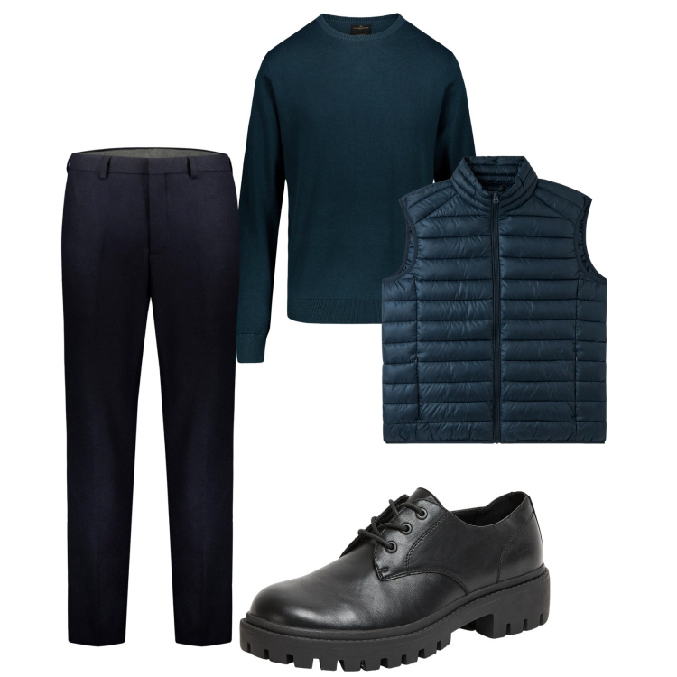 Outfit uomo - City. Stile Casual per Tutti i giorni. Abbinamento con pantaloni, scarpe stringate, maglieria, gilet.