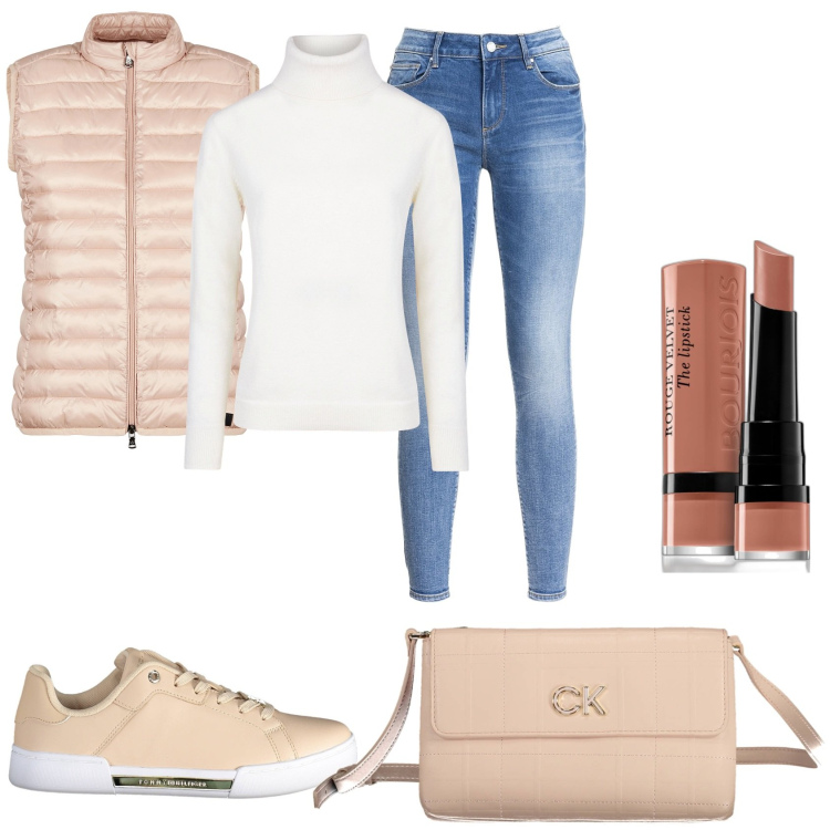 Outfit donna - Tutto bene per il momento. Stile Casual chic per Tutti i giorni. Abbinamento con rossetti, jeans, piumini, maglieria, borse a tracolla, sneakers.