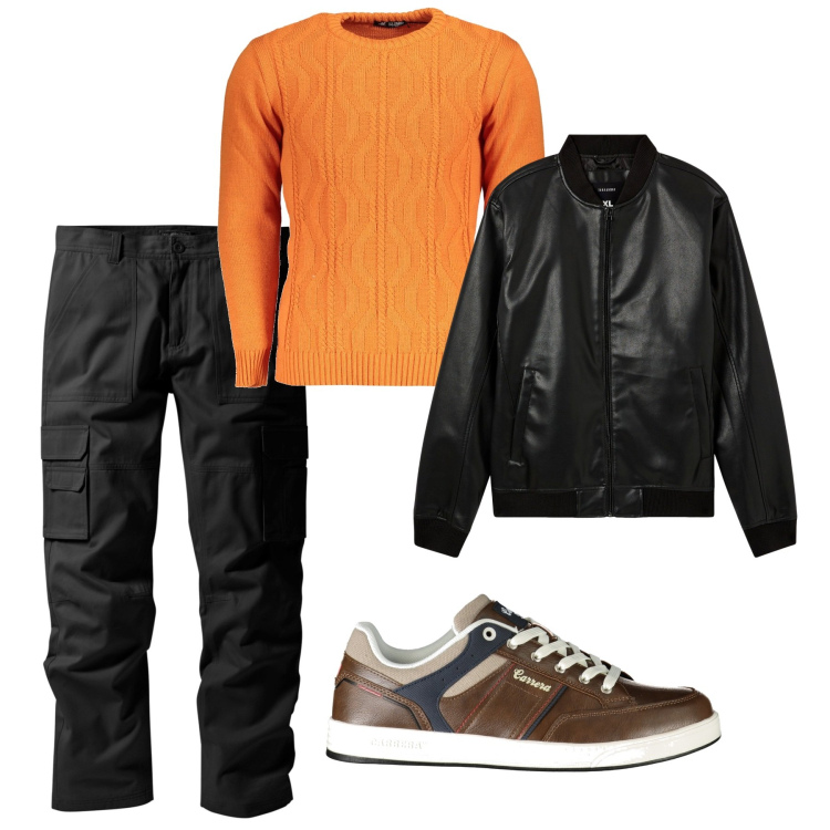 Outfit uomo - City. Stile Urban per Tutti i giorni. Abbinamento con pantaloni cargo, bomber, maglieria, sneakers.