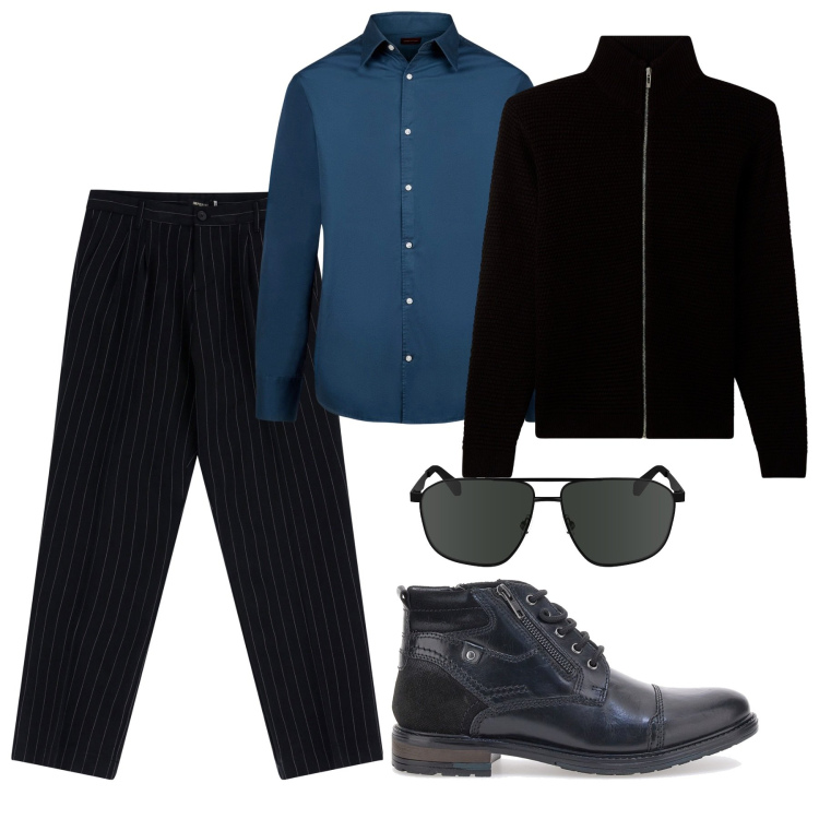 Outfit uomo - City. Stile Casual per Tutti i giorni. Abbinamento con cardigans, pantaloni, scarpe stringate, camicie, occhiali da sole.