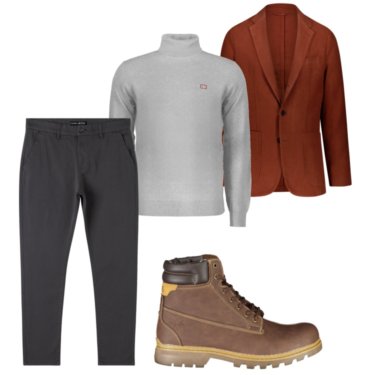 Outfit uomo - City. Stile Casual per Tutti i giorni. Abbinamento con pantaloni chino, giacche, stivali, maglieria.