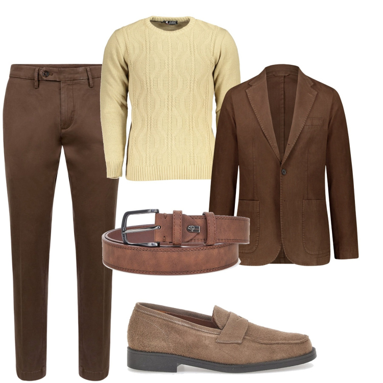 Outfit uomo - City brown. Stile Casual per Tutti i giorni. Abbinamento con pantaloni chino, giacche, cinture, scarpe stringate, maglieria.