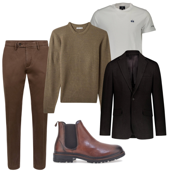 Outfit uomo - Total look in toni caldi. Stile Casual per Tutti i giorni. Abbinamento con maglieria, pantaloni chino, stivali e stivaletti, giacche, t-shirt.