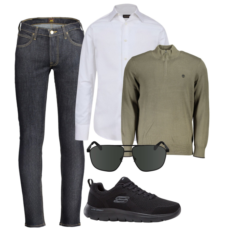 Outfit uomo - City. Stile Casual per Tutti i giorni. Abbinamento con sneakers, camicie, jeans, maglieria, occhiali da sole.
