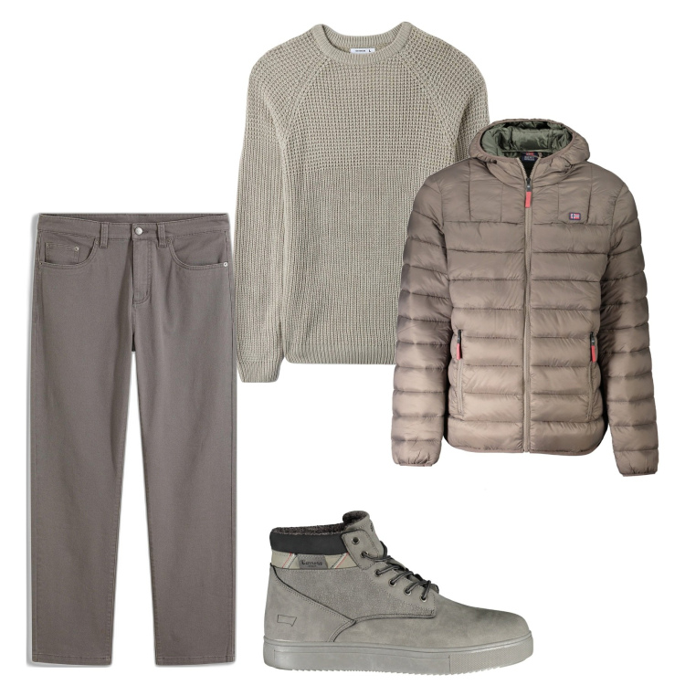 Outfit uomo - Total look in tortora. Stile Casual per Tutti i giorni. Abbinamento con pantaloni, maglieria, stivali, giacche.