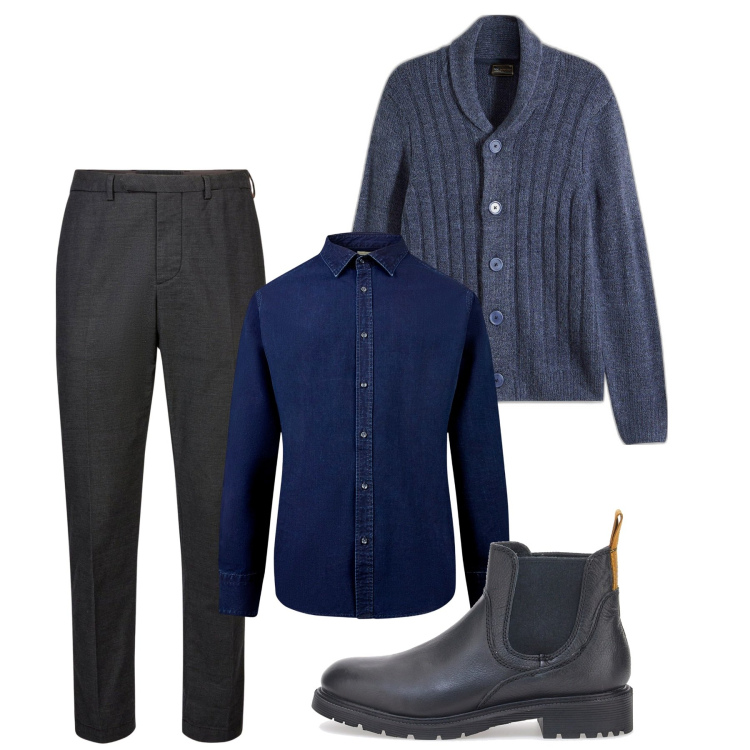 Outfit uomo - City. Stile Casual per Tutti i giorni. Abbinamento con cardigans, stivali e stivaletti, camicie, pantaloni.