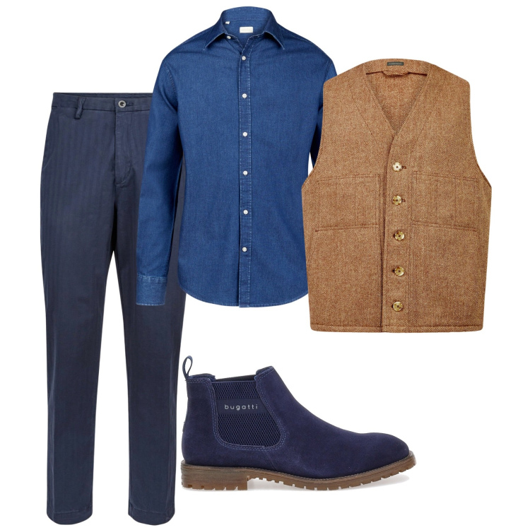 Outfit uomo - Blu e caramello. Stile Casual per Tutti i giorni. Abbinamento con stivali e stivaletti, gilet, pantaloni, camicie.