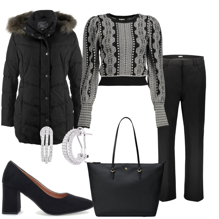 Outfit donna - Fammi sapere quando posso venire. Stile Casual chic per Tutti i giorni. Abbinamento con blazer, orecchini, borse tote, pantaloni, décolleté, maglieria.