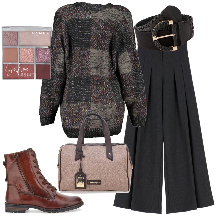 Outfit donna - Total look #1980635. Stile Casual per Tutti i giorni. Abbinamento con ombretti, pantaloni a palazzo, cardigans, borse a mano, anfibi, cinture.