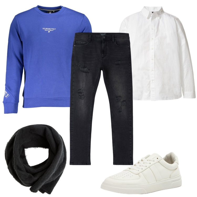 Outfit uomo - Total look #1980640. Stile Casual per Tutti i giorni. Abbinamento con camicie, jeans strappati, sneakers, sciarpe e foulard, felpe.