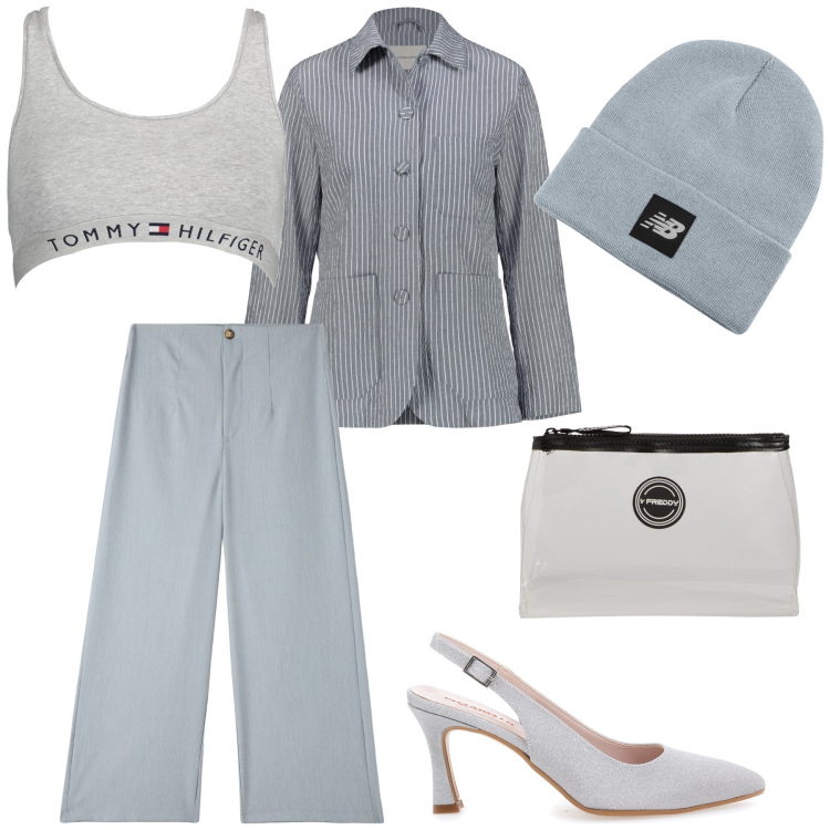 Outfit donna - Grey. Stile Urban per Ufficio. Abbinamento con pantaloni, berretti, valigie, blazer, décolleté, reggiseni a balconcino.