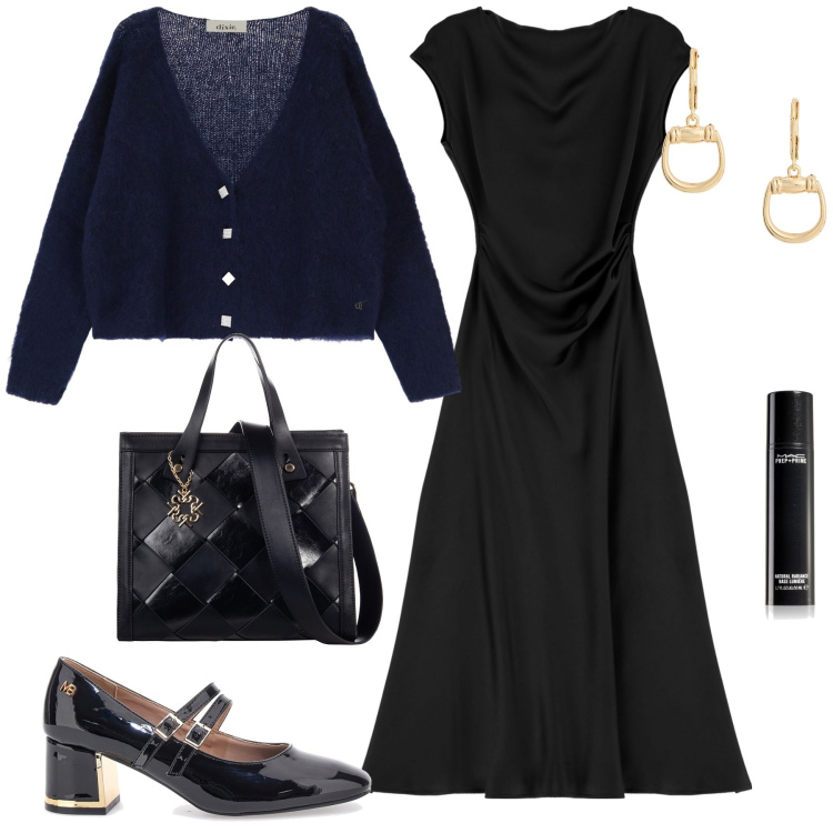 Outfit donna - Aperitivo in black. Stile Chic per Serata fuori. Abbinamento con primer, borse a mano, vestiti midi/longuette, orecchini, cardigans, décolleté.