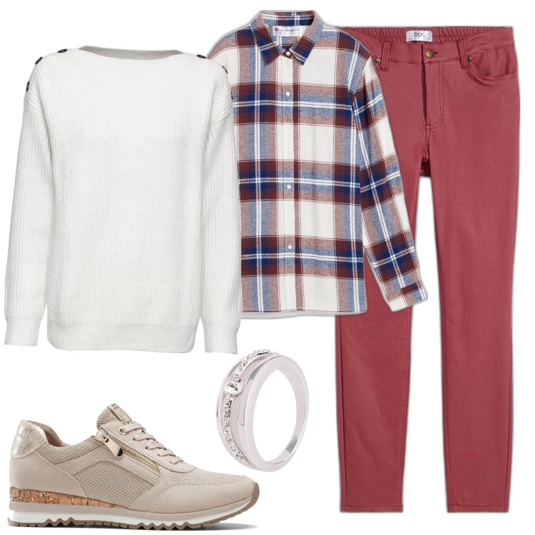 Outfit donna - Vibrazioni autunnali. Stile Basic per Tutti i giorni. Abbinamento con maglieria, sneakers, anelli, pantaloni skinny, camicie.