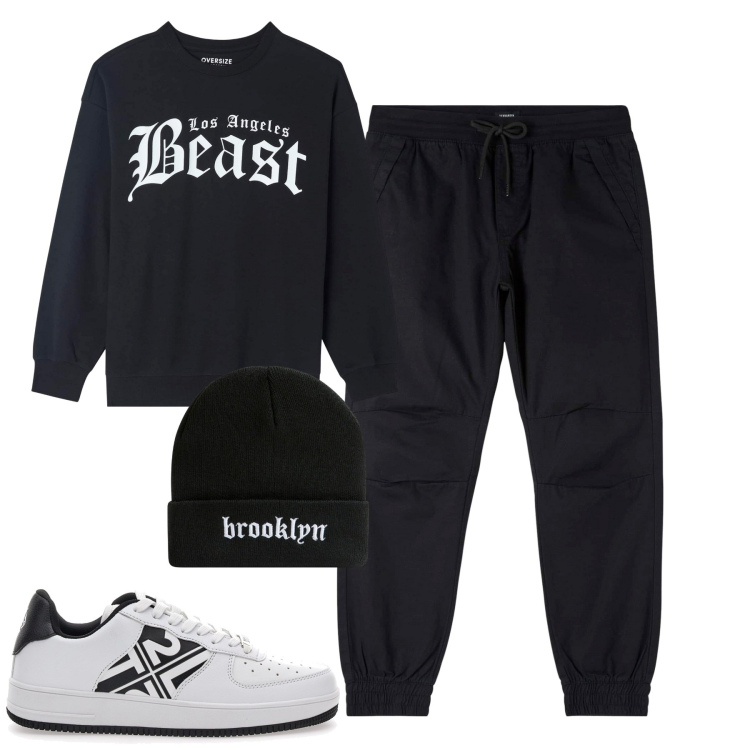Outfit uomo - Total look #1980689. Stile Casual per Tutti i giorni. Abbinamento con pantaloni, felpe, berretti, sneakers.
