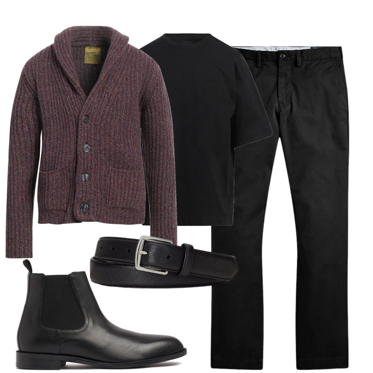 Outfit uomo - Total look #1980693. Stile Urban per Tutti i giorni. Abbinamento con cardigans, t-shirt, pantaloni, cinture, stivali e stivaletti.