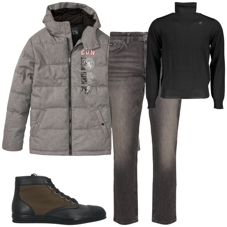 Outfit uomo - Total look #1980694. Stile Casual per Tutti i giorni. Abbinamento con giacche, sneakers alte, jeans, maglieria.