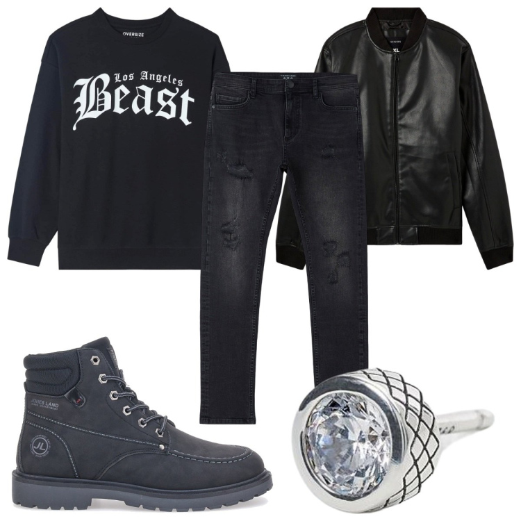 Outfit uomo - Total look #1980697. Stile Biker Rock per Tutti i giorni. Abbinamento con jeans strappati, felpe, bomber, orecchini, stivali e stivaletti.