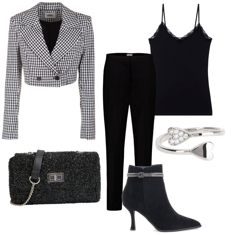Outfit donna - Total look #1980725. Stile Chic per Serata fuori. Abbinamento con canottiere, borse a tracolla, anelli, blazer, pantaloni, stivaletti.