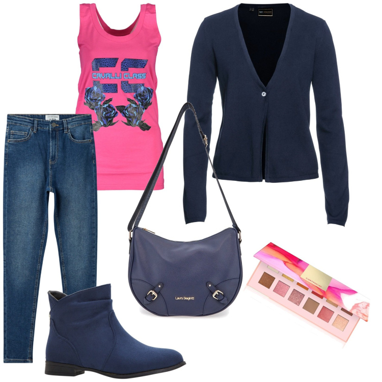 Outfit donna - Total look #1980733. Stile Casual per Tutti i giorni. Abbinamento con cardigans, stivaletti, ombretti, jeans skinny, borse a tracolla, canottiere.