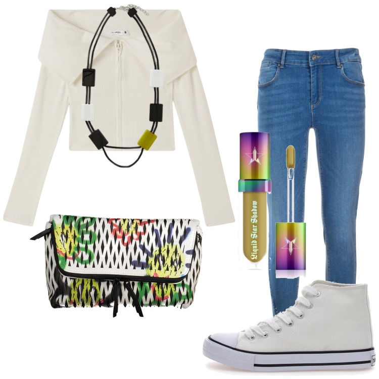 Outfit donna - Total look #1980735. Stile Casual per Tutti i giorni. Abbinamento con ombretti, cardigans, jeans, collane, sneakers, borse a mano.