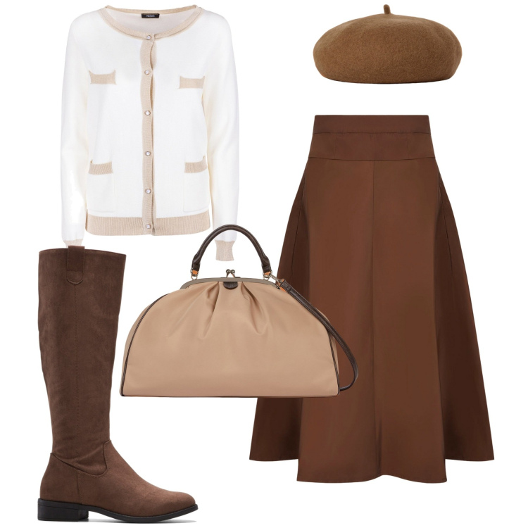 Outfit donna - City. Stile Bon Ton per Tutti i giorni. Abbinamento con stivali, cardigans, cappelli e berretti, gonne, borse a spalla.
