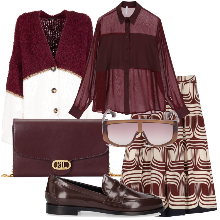 Outfit donna - Il mocassino marrone scuro. Stile Casual per Tutti i giorni. Abbinamento con cardigans, camicie, gonne, borse a tracolla, mocassini, occhiali da sole.