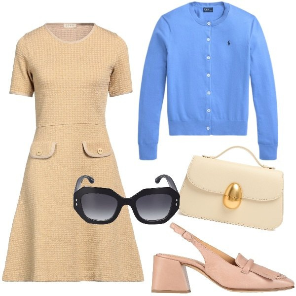 Outfit donna - Vintage. Stile Vintage retrò per Ufficio. Abbinamento con vestiti corti, décolleté, cardigans, occhiali da sole, borse a mano.