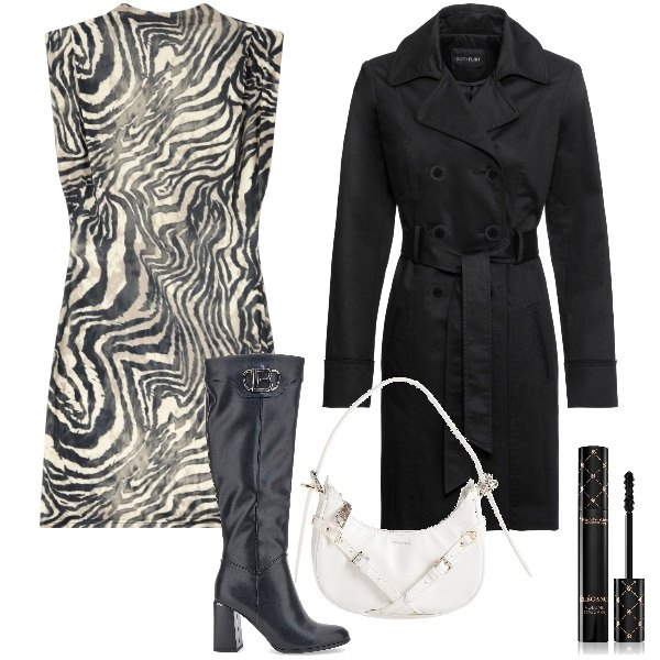 Outfit donna - Abito animalier. Stile Trendy per Ufficio. Abbinamento con trench, borse a mano, mascara, vestiti corti, stivali.