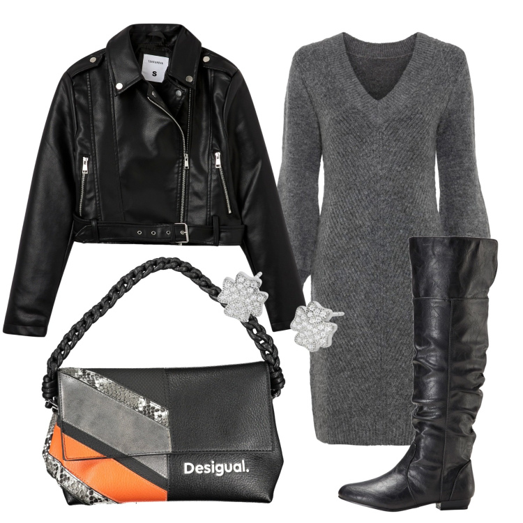 Outfit donna - La giacca kiodo. Stile Trendy per Tutti i giorni. Abbinamento con vestiti, stivali sopra il ginocchio, giacche, orecchini, borse a spalla.