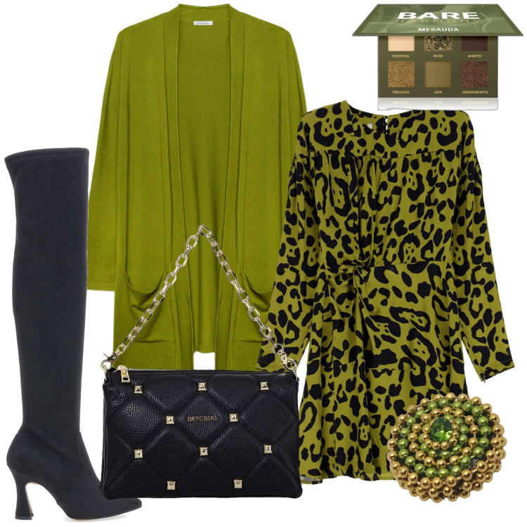 Outfit donna - Green pard. Stile Trendy per Serata fuori. Abbinamento con ombretti, vestiti corti, borse a spalla, stivali, cardigans, anelli.