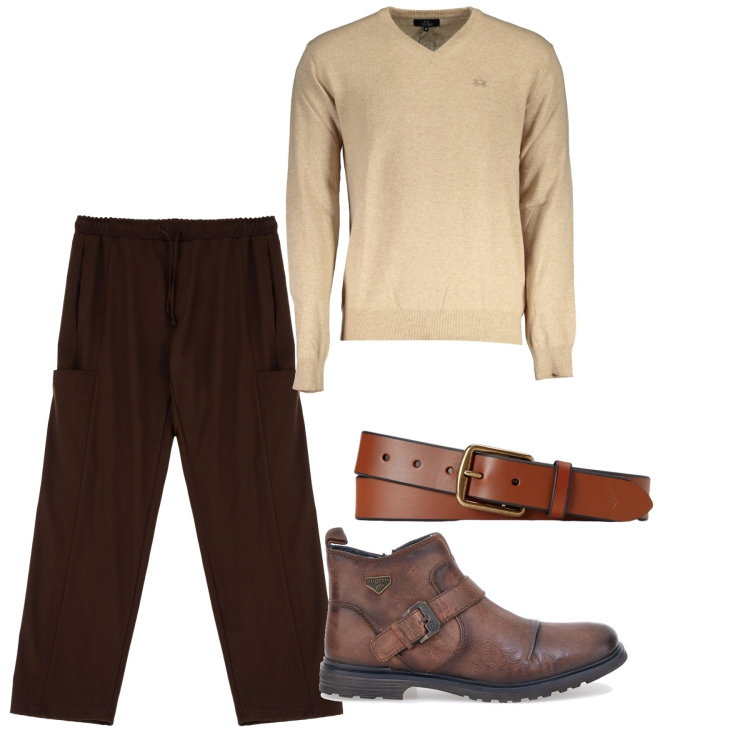 Outfit uomo - Ottobre. Stile Casual per Tutti i giorni. Abbinamento con pantaloni, cinture, stivali e stivaletti, maglieria.