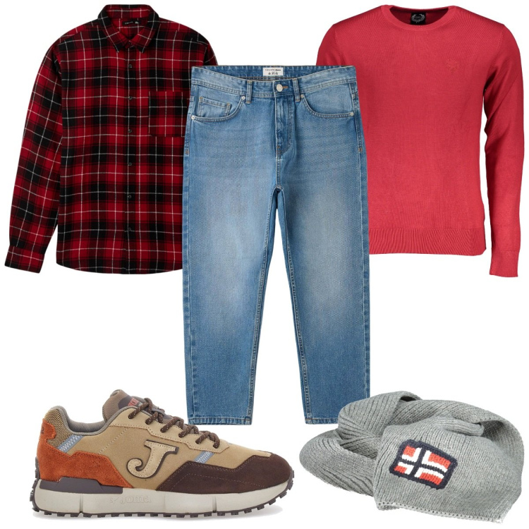 Outfit uomo - Total look #1980782. Stile Casual per Tutti i giorni. Abbinamento con camicie, jeans, sneakers, sciarpe, maglieria.