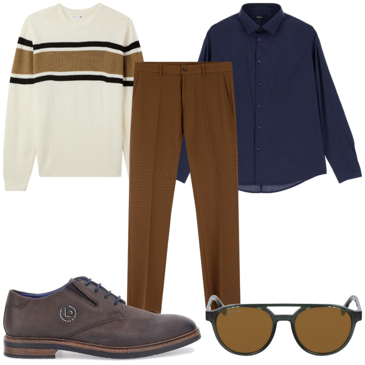 Outfit uomo - Total look #1980788. Stile Casual per Tutti i giorni. Abbinamento con maglieria, camicie, pantaloni, scarpe stringate, occhiali da sole.