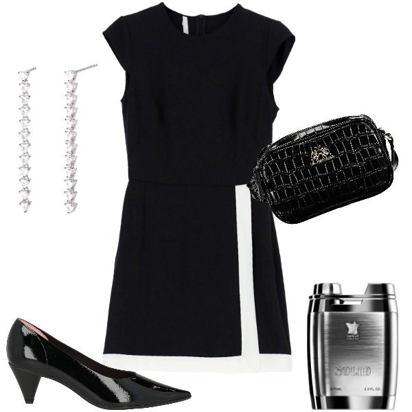 Outfit donna - Bionco e nero. Stile Bon Ton per Cerimonia. Abbinamento con décolleté, profumi, orecchini, vestiti corti, borse a tracolla.