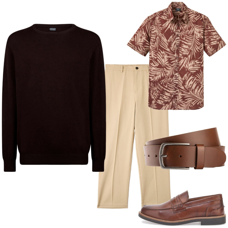 Outfit uomo - Marroni. Stile Trendy per Tutti i giorni. Abbinamento con cinture, camicie a manica corta, pantaloni, maglieria, scarpe stringate.